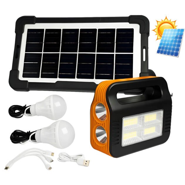 Kit Panneau Solaire portable avec Torche LED Rechargeable et 2 Lampes – طقم مصباح يعمل بالطاقة الشمسية