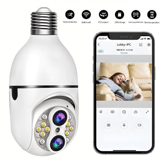 Caméra de Sécurité Ampoule à Double Objectif Suivi Automatique – كاميرة مراقبة بميزة التتبع الذاتي