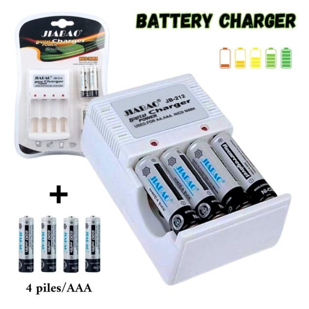 Chargeur des piles rechargable avec 4 piles Jiabao Jb-212 - شاحن البطاريات القابلة للشحن مع 4 بطاريات