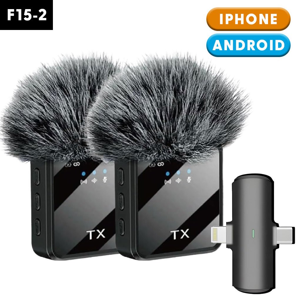 Double Microphone Sans Fil Professionnel 2en1 pour iPhone et Android F15-2 – ميكروفون لاسلكي 2قطع متعدد المنافذ