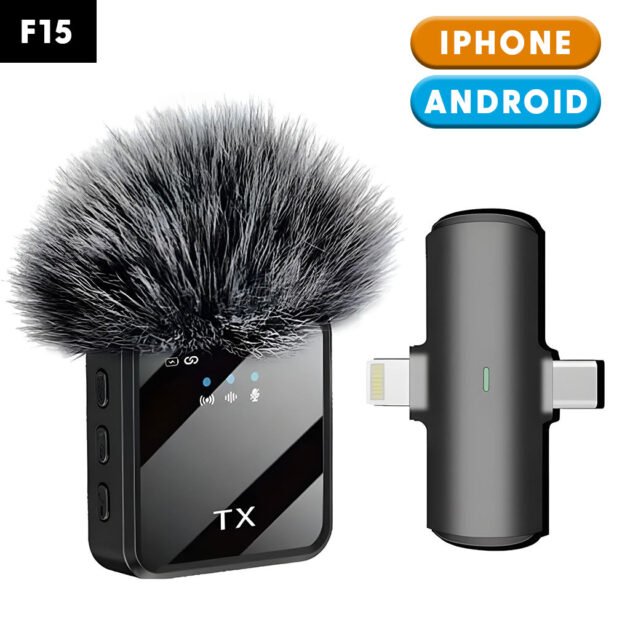 Microphone Sans Fil Professionnel 2en1 pour iPhone et Android F15 – ميكروفون لاسلكي متعدد المنافذ