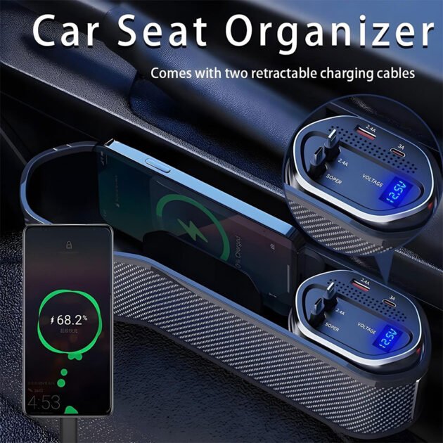 Organisateur 5 en 1 pour siège auto avec chargeur sans fil et 2 câbles télescopiques