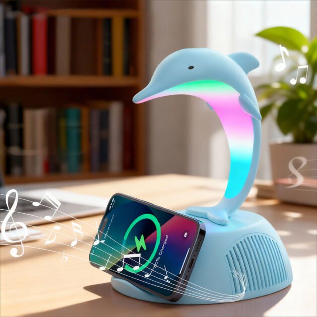 Haut-Parleur Bluetooth Dauphin avec Lampe d’Ambiance LED RGB et Chargeur Sans Fil 15W