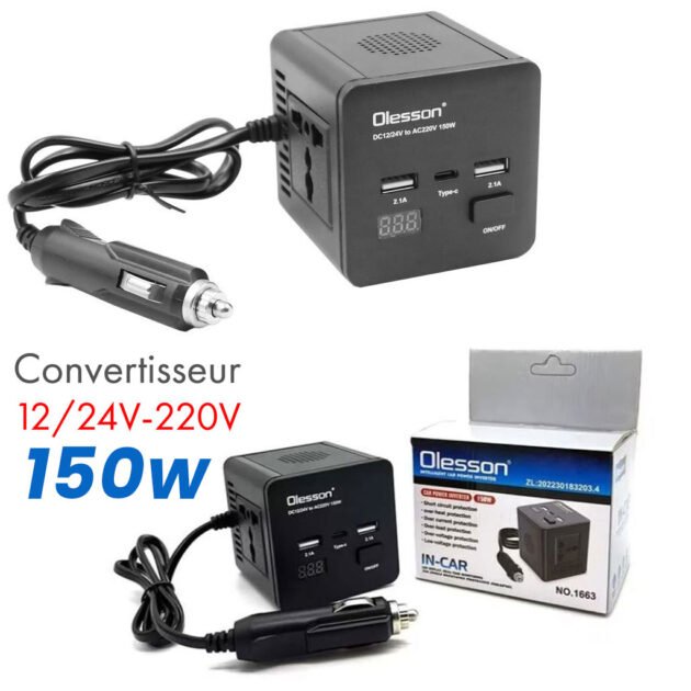 Convertisseur de tension en voiture avec surveillance de puissance 150 watts, 12 volts, 2 USB, 1 USB type C et 2 prises