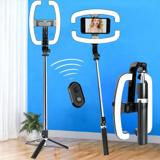 Perche à Selfie Extensible avec Support pour Téléphone et Lampe LED – عصا سيلفي مع إضاءة مدمجة ويد تحكم