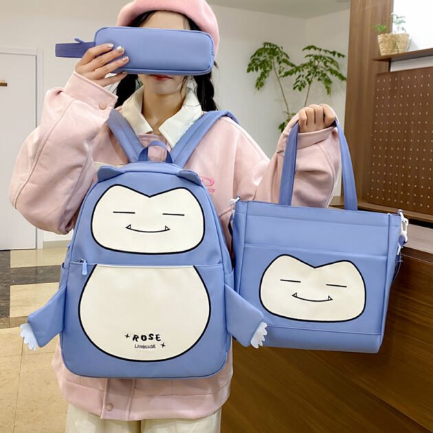 Ensemble de Sacs Snorlax 3Pcs Design Kawaii Bleu – حقيبة مدرسية 3 قطع لون أزرق