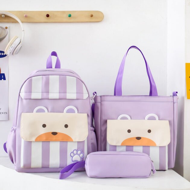 Ensemble de sacs d’école Kawai pour adolescents 3Pcs Ours Mauve – محفظة 3 قطع كاواي بنفسجي