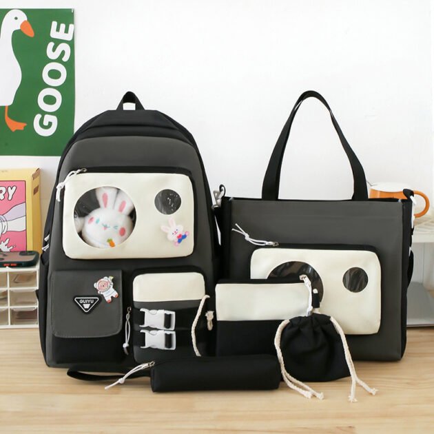 Ensemble de sacs d’école Kawai pour adolescents 5Pcs Guiyu V2 Noir et Gris– محفظة 5 قطع كاواي أسود ورمادي
