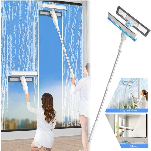 Raclette de fenêtre avec long manche et un spray de nettoyage 3 en 1 avec lame en caoutchouc – منظف زجاج قابل للتمدد 3في1