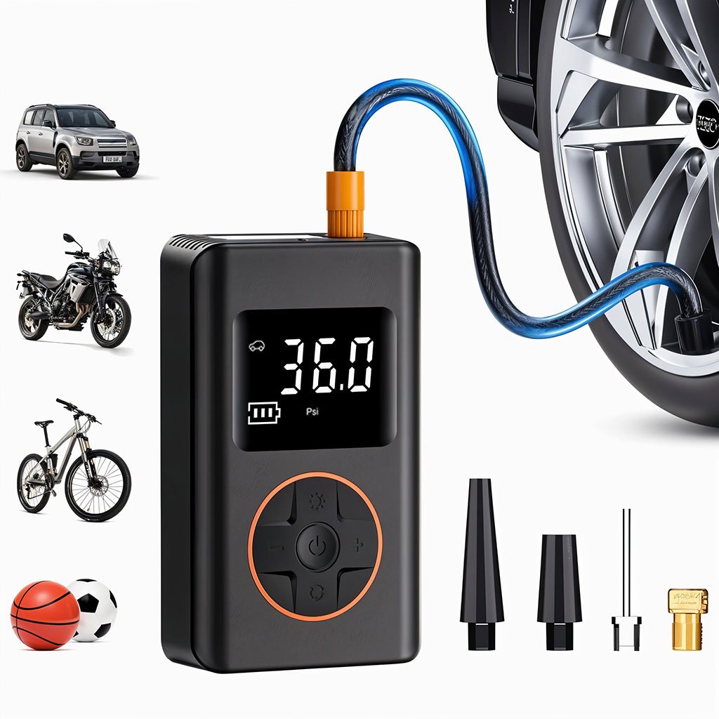 Compresseur d’air pour pneus de voiture avec manomètre numérique – جهاز ضغط الهواء