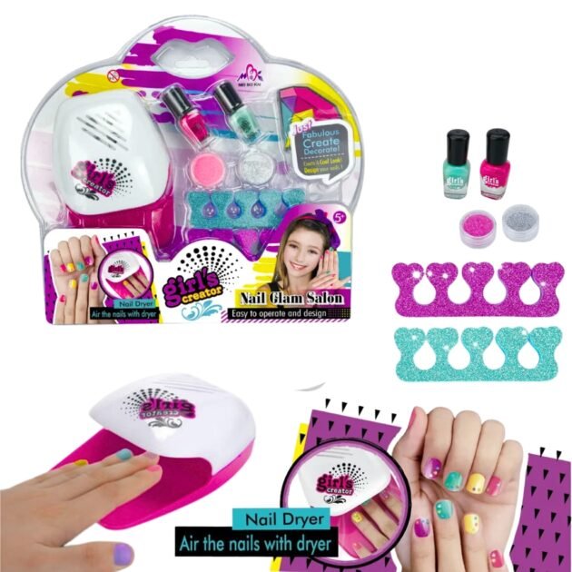 Kit de salon Nail Glam lavable pour enfants avec sèche-ongles -  طقم صالون تجميل الأظافر للأطفال قابل للغسل مع مجفف للأظافر