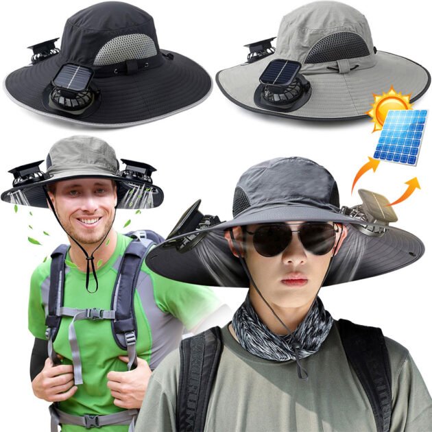 Chapeau de soleil à large bord avec double ventilateur – قبعة للحماية من الشمس مع مروحات