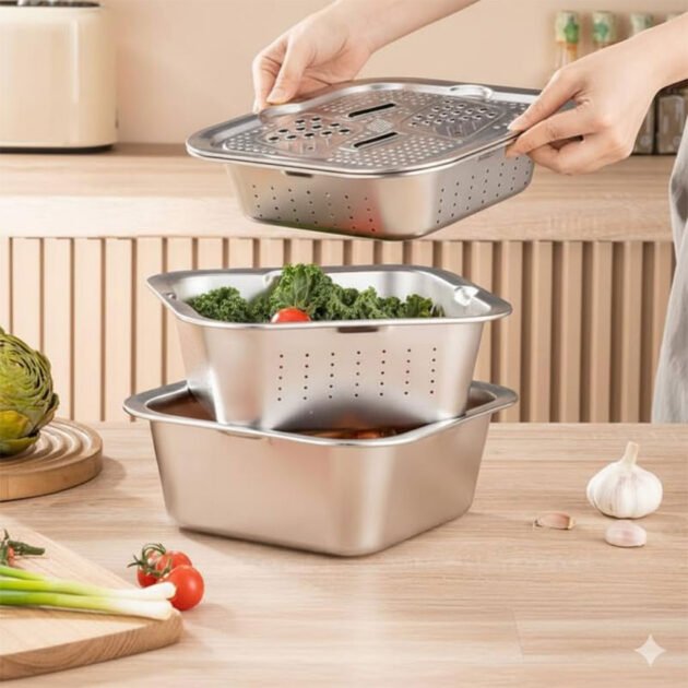 Râpe multifonctionnelle Delaval en acier inoxydable avec panier d’égouttage 3EN1 – مفرمة وقطاعة خضر متعددة الإستعمالات
