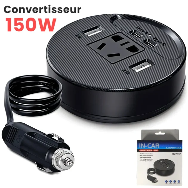 محول طاقة ذكي للسيارة 150 واط (Inverter) - منافذ USB و Type-C وقابس كهربائي