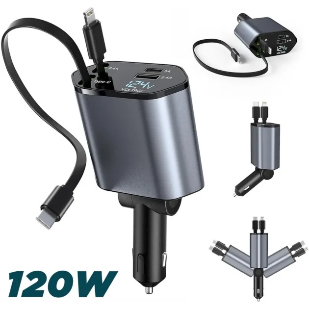 شاحن سيارة سريع 120W متعدد المنافذ مع كابل Type-C