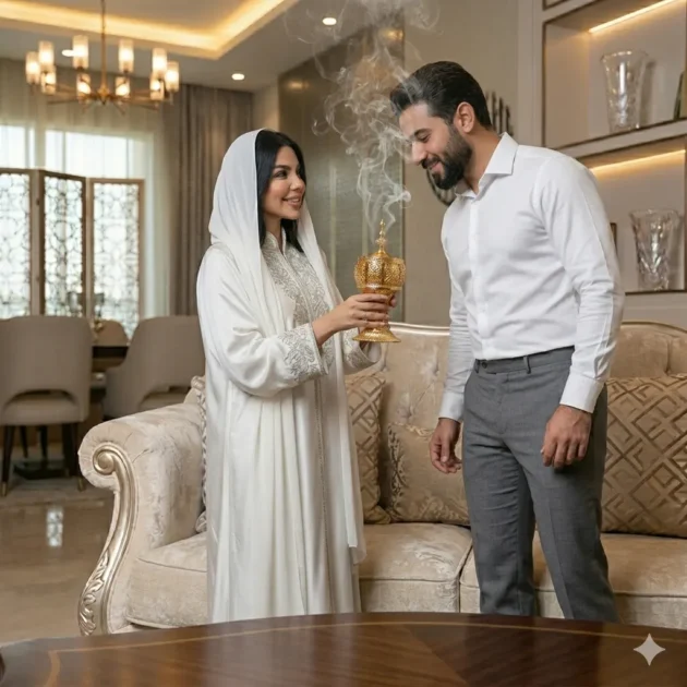مبخرة ذهبية فاخرة بنقوش عربية أنيقة.