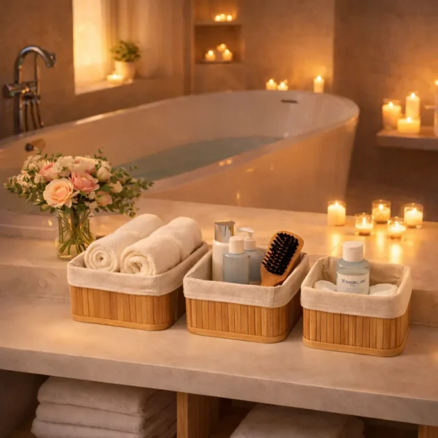 Luxury Bamboo Bathroom Organizer – أناقة وتنظيم يومي.