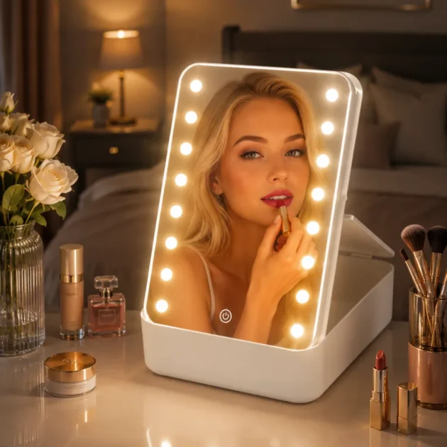 Luxury LED Vanity Mirror – مرآة تجميل مضيئة مع صندوق تخزين عملي .