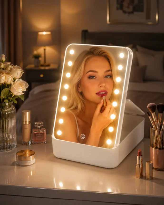 Luxury LED Vanity Mirror – مرآة تجميل مضيئة مع صندوق تخزين عملي .