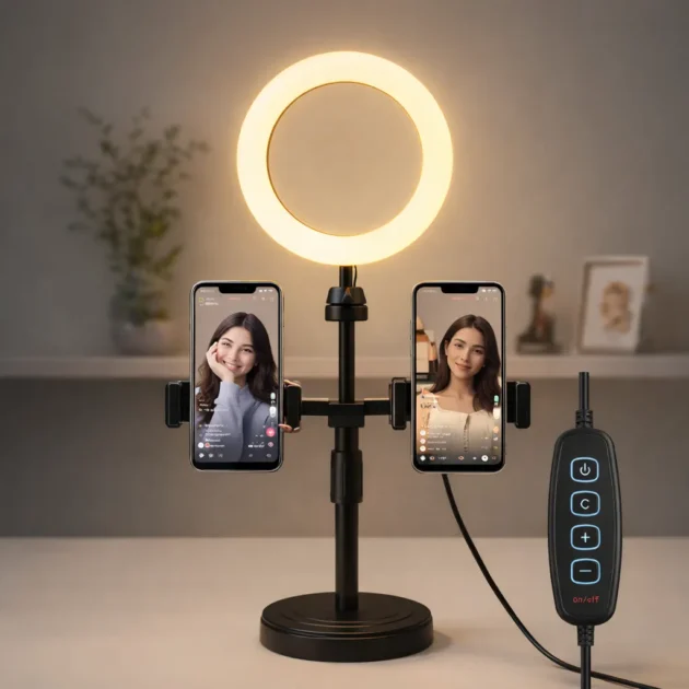 حلقة إضاءة LED مكتبية مع حامل هاتف مزدوج للتصوير والبث المباشر .