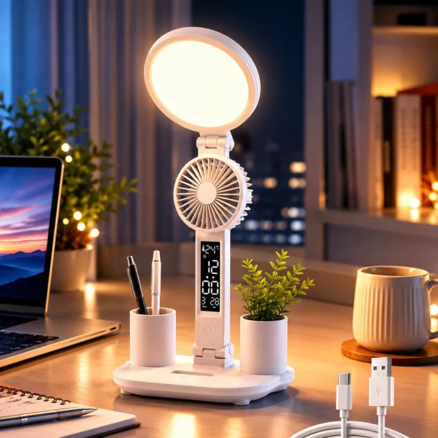 Smart LED Desk Lamp Fan – مصباح ومروحة رقمية 3 في 1
