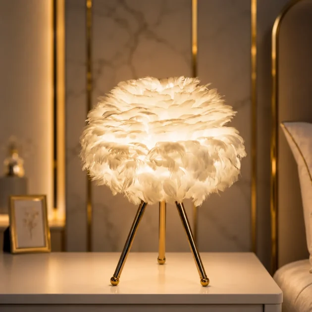 مصباح الريش الفاخر ثلاثي الأرجل – Feather Luxury Table Lamp