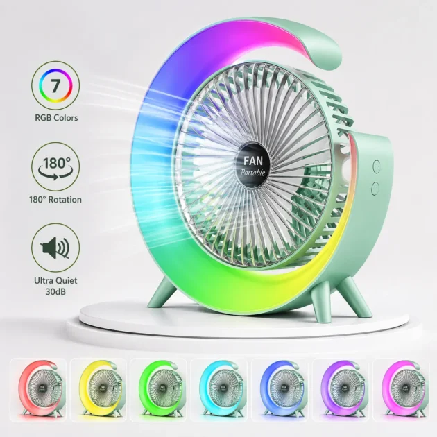 مروحة RGB الذكية 7 ألوان | تبريد هادئ ودوران 180°