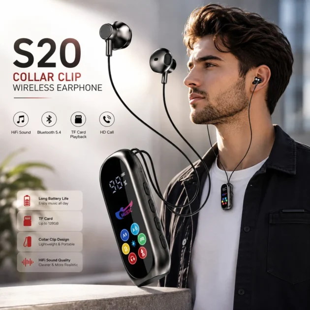 مشغل الموسيقى S20 Music Clip مع سماعات سلكية – بلوتوث 5.4